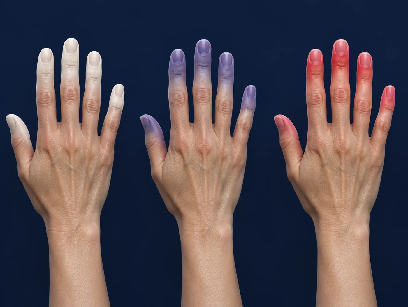 Três mãos lado a lado mostrando as fases do fenômeno de Raynaud: dedos pálidos, depois azulados e depois avermelhados