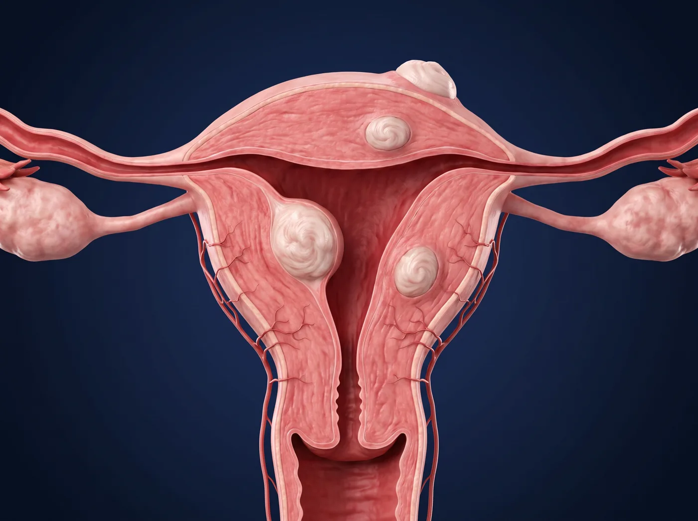 Corte do útero mostrando miomas submucoso, intramurais e subseroso